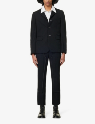 Shop Black Comme Des Garcon Men's Black Straight-leg Contrast-stitched Wool Trousers