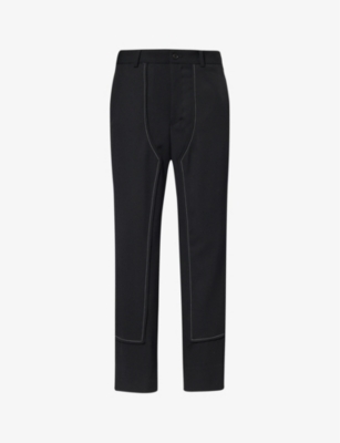 Shop Black Comme Des Garcon Mens Black Straight-leg Contrast-stitched Wool Trousers