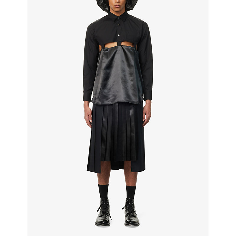 Shop Black Comme Des Garcon Men's Black Long-sleeved Satin-panel Cotton-poplin Shirt