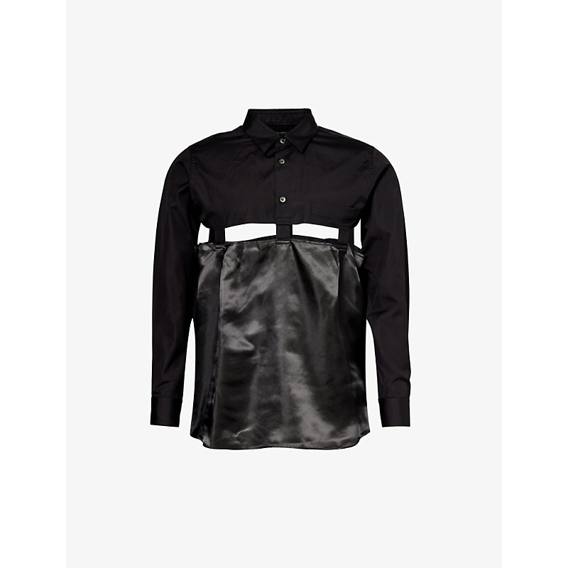 Shop Black Comme Des Garcon Men's Black Long-sleeved Satin-panel Cotton-poplin Shirt
