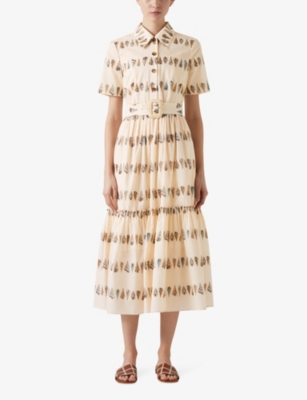 Shop Lk Bennett Women's Mul-tural/ecru Bella Shell-print Cotton Midi Dress In Mul-natural/ecru
