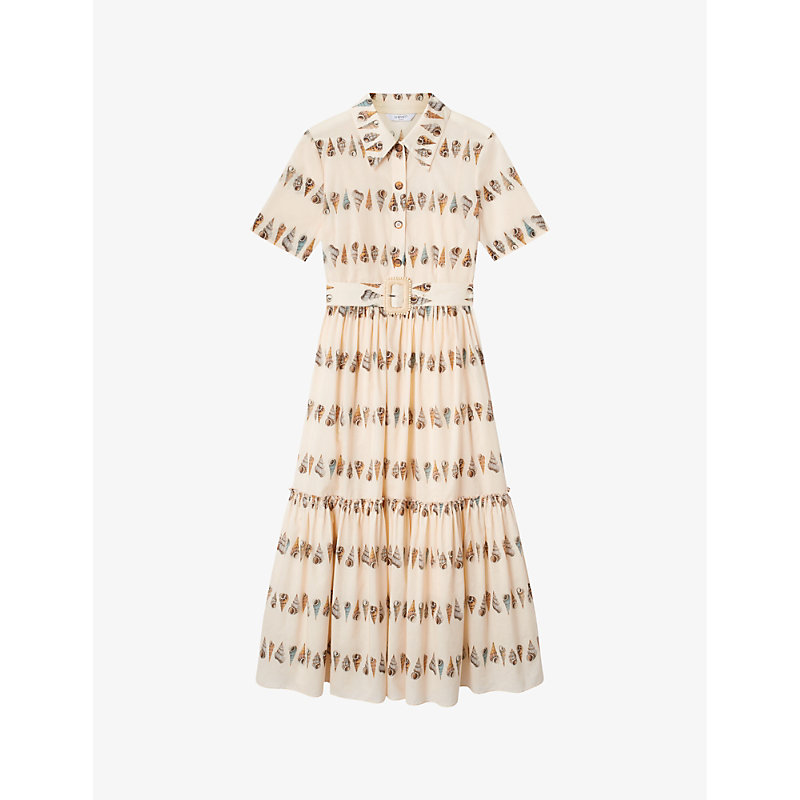 Lk Bennett Bella Shell-print Cotton Midi Dress In Mul-natural/ecru