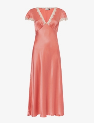Rixo London Rixo Womens Coral Clarice Lace-trim Silk Maxi Dress