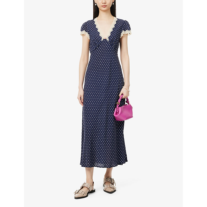 Shop Rixo London Clarice Lace-trim Silk Maxi Dress In Navy Polka Dot