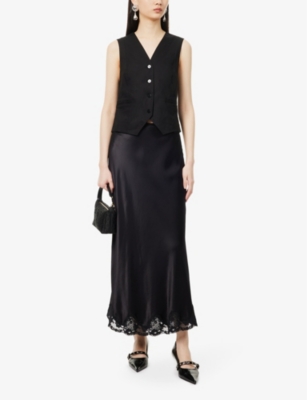 Shop Rixo London Crystal Lace-trim Mid-rise Satin Midi Skirt In Black