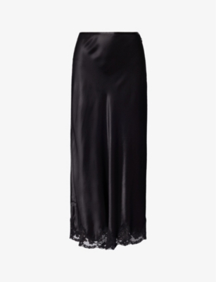 Shop Rixo London Crystal Lace-trim Mid-rise Satin Midi Skirt In Black