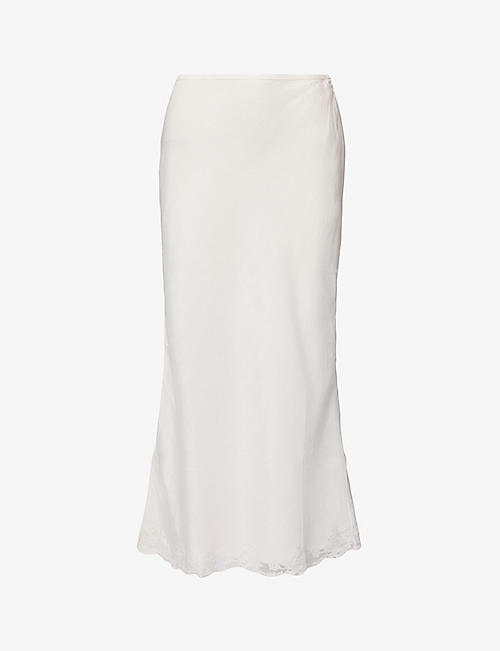 RIXO: Crystal lace-trim mid-rise linen-blend midi skirt
