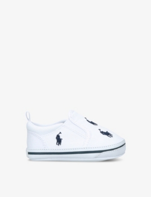Shop Polo Ralph Lauren White/vy Baby Boy Harbour Layette Logo-embroidered Cotton Crib Shoes In White/navy