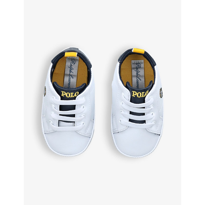 Shop Polo Ralph Lauren Baby Boy Quilton Bear Gore Leather High-top Crib Shoes In White/navy