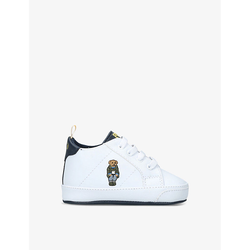 Shop Polo Ralph Lauren Baby Boy Quilton Bear Gore Leather High-top Crib Shoes In White/navy