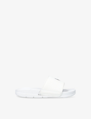 Shop Polo Ralph Lauren White/navy Boys' Fairview Polo Pony-embroidered Woven Sliders