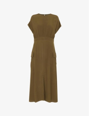 Shop Whistles Women's Khaki/olive Patch-pocket Round-neck Woven Midi Dress
