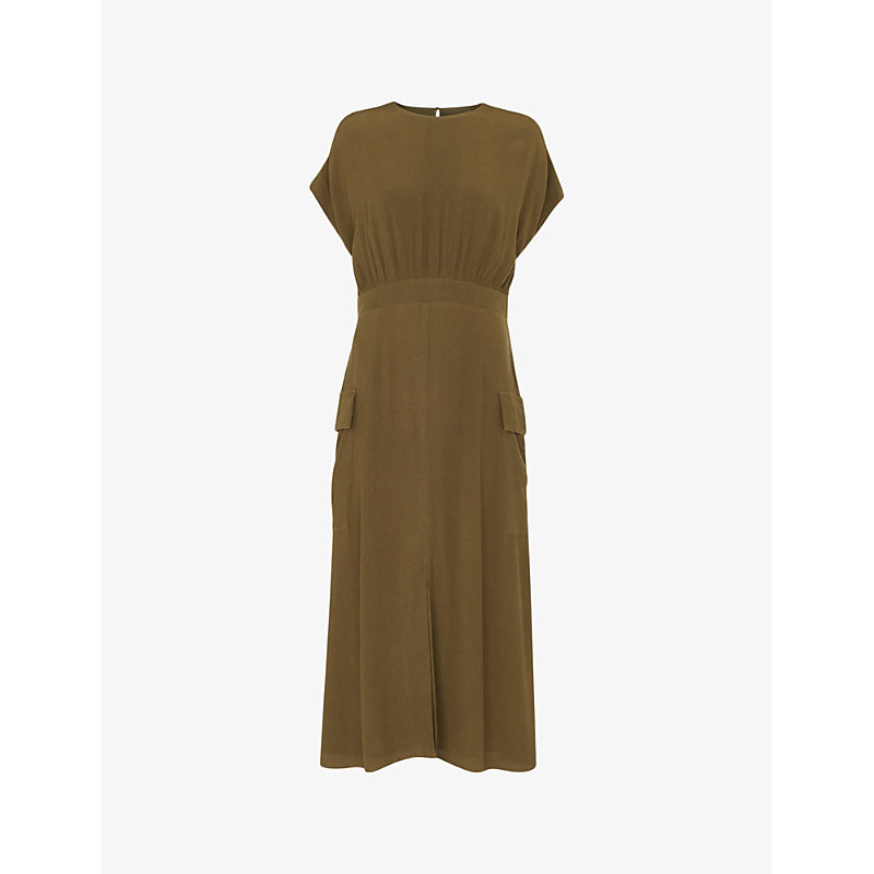 Shop Whistles Women's Khaki/olive Patch-pocket Round-neck Woven Midi Dress