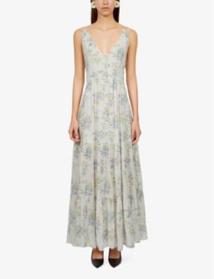 Shop The Kooples Womens Light Blue/white Floral-print V-neck Woven Maxi Dress