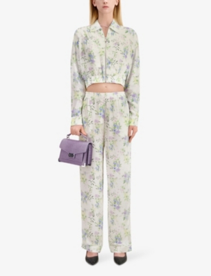 Shop The Kooples Womens Light Blue/white Floral-print High-rise Woven Trousers