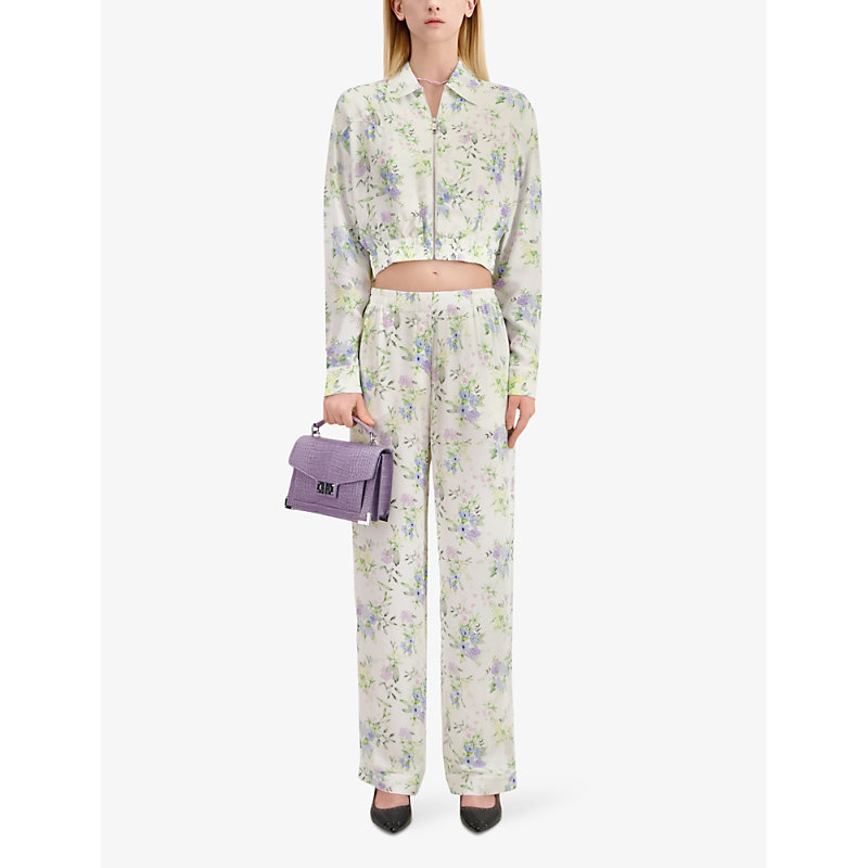 Shop The Kooples Floral-print High-rise Woven Trousers In Light Blue/white