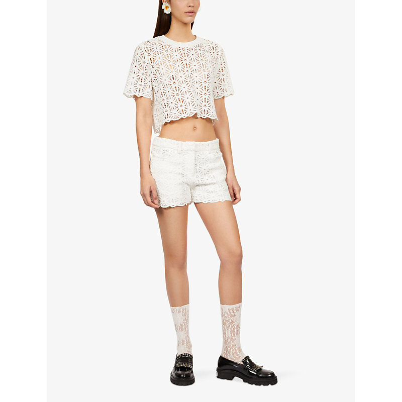 Shop The Kooples Guipure Mid-rise Cotton Shorts In White