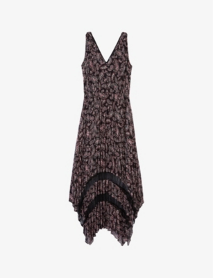 Shop The Kooples Women's Black / Pink Paisley-print Lace-embroidered Woven Midi Dress