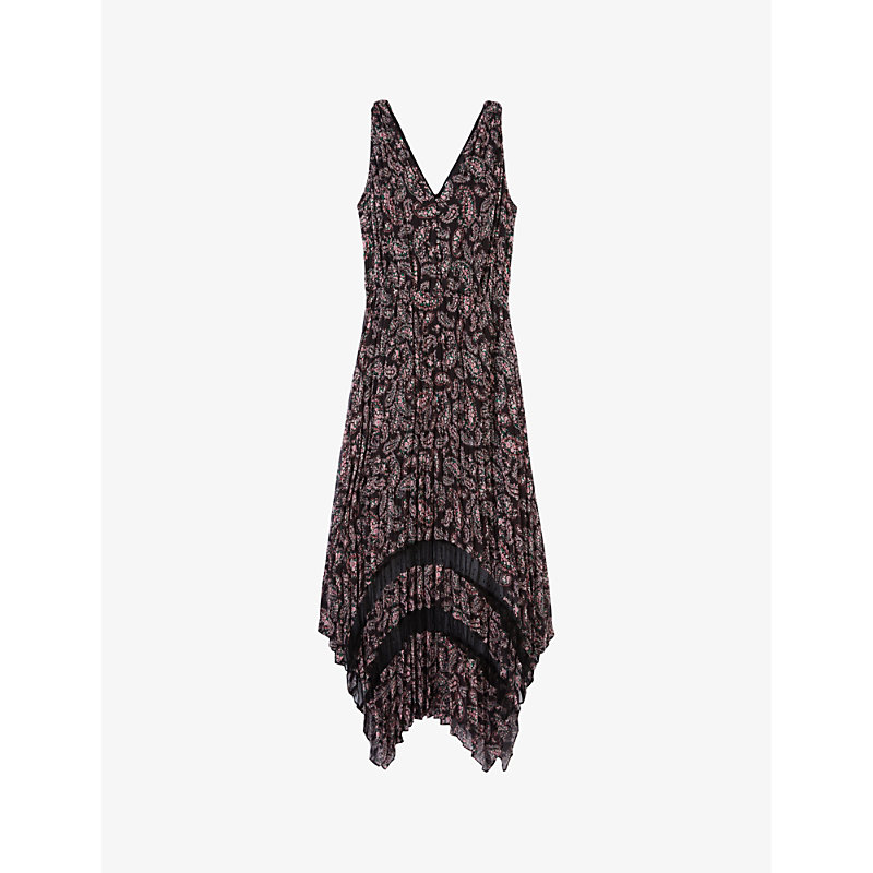 Shop The Kooples Women's Black / Pink Paisley-print Lace-embroidered Woven Midi Dress