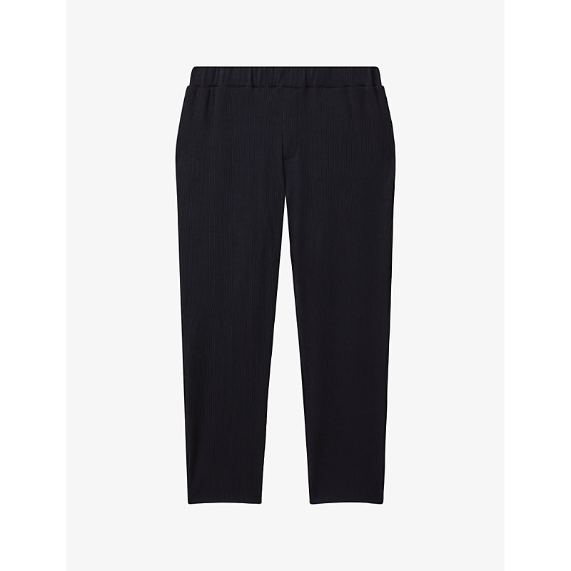Shop Reiss Men's Navy Cyrus Elasticated-waist Ribbed Stretch-woven Trousers