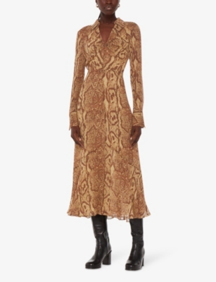 Shop Whistles Serpent Graphic-print Long-sleeve Woven Midi Dress In Snake Print