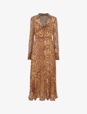 Whistles Womens Snake Print Serpent Graphic-print Long-sleeve Woven Midi Dress In Snake Print