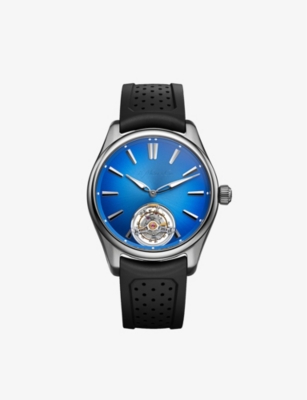 Shop H.moser & Cie Mens Blue 3804-1208 Pioneer Tourbillon Stainless-steel And Rubber Automatic Watch
