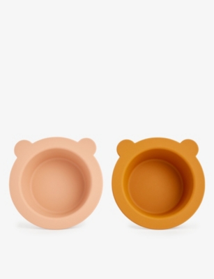 Liewood Peony Animal-ear Set Of Two Silicone Suction Bowls In Mustard/rose Mix