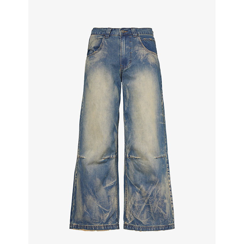 Jaded London Mens Blue Colossus Wing-print Wide-leg Denim-blend Jeans