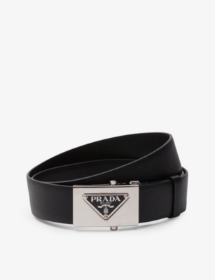 Shop Prada Mens Black Logo Plaque-buckle Saffiano-leather Belt
