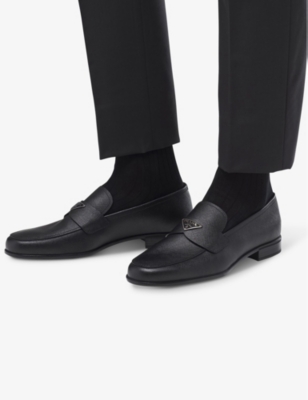PRADA: Logo-plaque Saffiano leather loafers