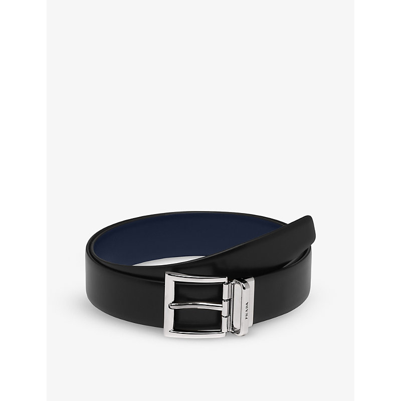 Prada Mens Black Logo-engraved Reversible Leather Belt In Blue