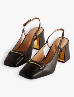 Shop Ted Baker Women's Black Meya Bar-embellished Block-heel Leather Slingback Shoes