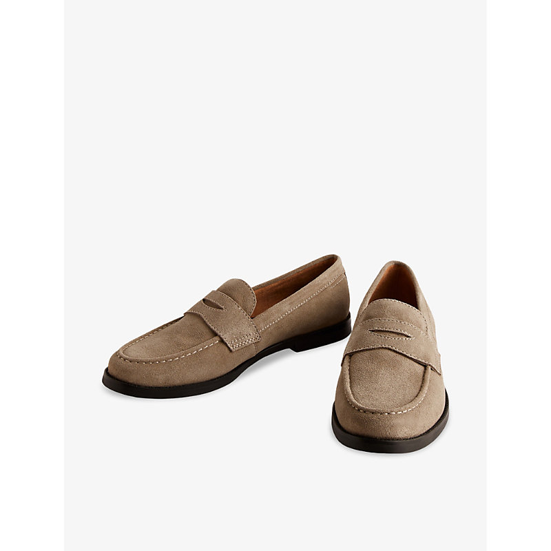 Shop Ted Baker Alfey Penny-trim Suede Loafers In Khaki