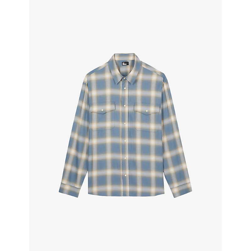 Shop The Kooples Men's Blue Grey Check-pattern Classic-collar Woven Shirt