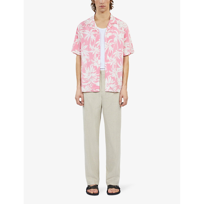 Shop The Kooples Mens Pink-white Palm-tree Print Short-sleeve Woven Shirt