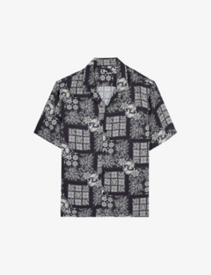 The Kooples Graphic-print Short-sleeve Woven Shirt In Navy / White