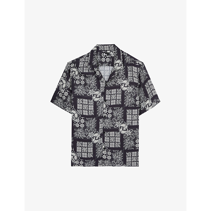 The Kooples Graphic-print Short-sleeve Woven Shirt In Navy / White