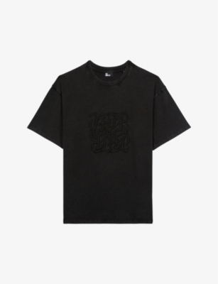 Shop The Kooples Men's Black Washed Logo-embroidered Relaxed-fit Cotton T-shirt
