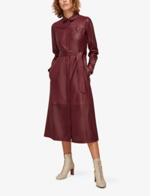 WHISTLES: Patch-Pocket Collared Leather Midi Dress