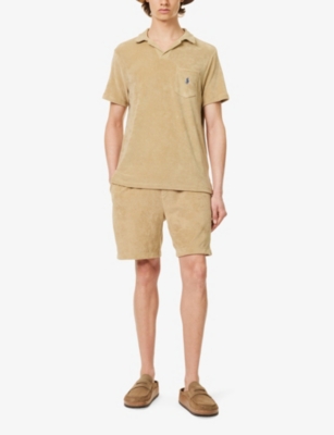 Shop Polo Ralph Lauren Men's Coastal Beige Brand-embroidered Terry-texture Cotton-blend Polo Shirt