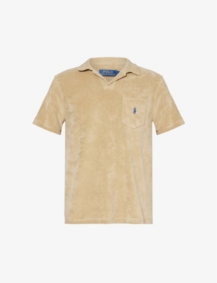 Shop Polo Ralph Lauren Brand-embroidered Terry-texture Cotton-blend Polo In Coastal Beige