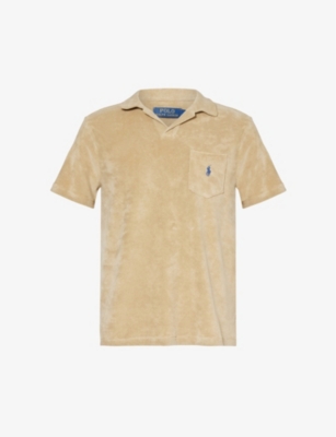 Shop Polo Ralph Lauren Men's Coastal Beige Brand-embroidered Terry-texture Cotton-blend Polo Shirt