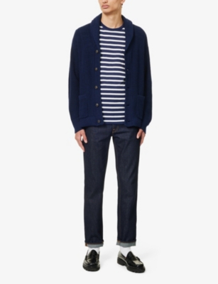 Shop Polo Ralph Lauren Shawl-collar Regular-fit Linen And Cotton-blend Knitted Cardigan In Bright Navy