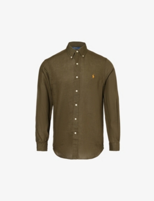 Shop Polo Ralph Lauren Mens Armadillo Logo-embroidered Custom-fit Linen Shirt