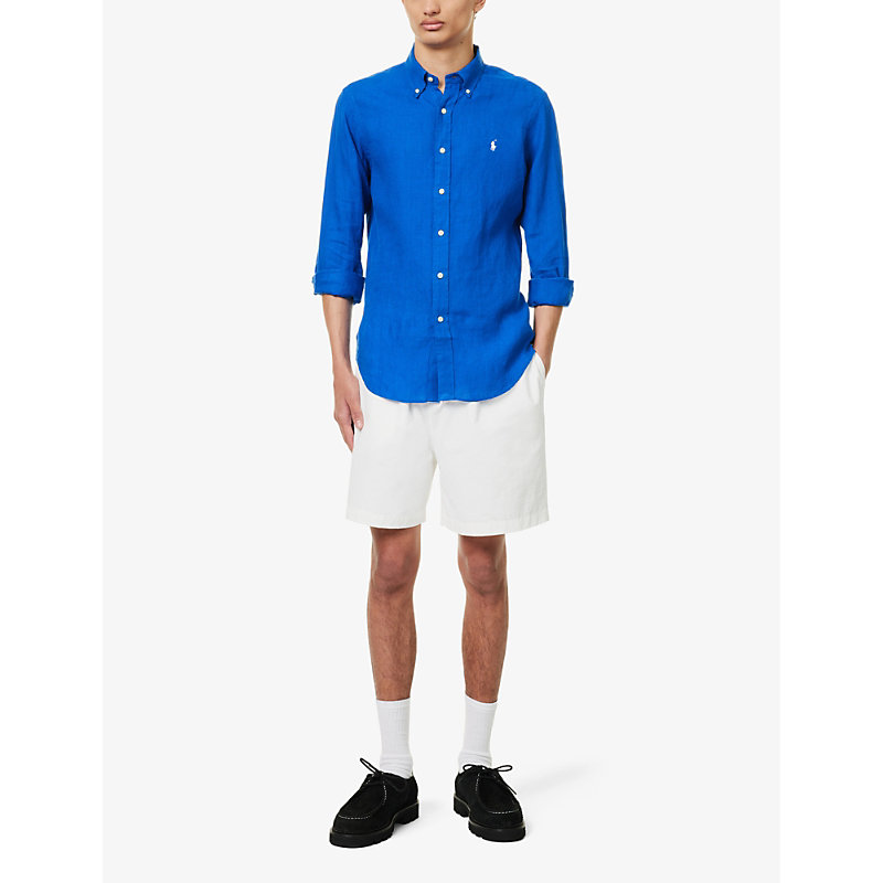 Shop Polo Ralph Lauren Men's Heritage Blue Logo-embroidered Custom-fit Linen Shirt