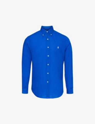 Shop Polo Ralph Lauren Logo-embroidered Custom-fit Linen Shirt In Heritage Blue
