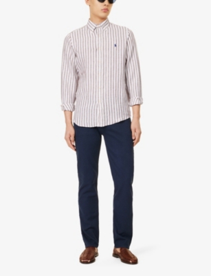 Shop Polo Ralph Lauren Mens 5138c Khaki/white Stripe-pattern Brand-embroidered Linen Shirt