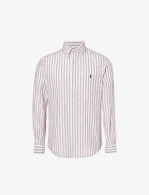 Shop Polo Ralph Lauren Mens 5138c Khaki/white Stripe-pattern Brand-embroidered Linen Shirt