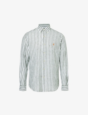 POLO RALPH LAUREN: Stripe-pattern brand-embroidered linen shirt